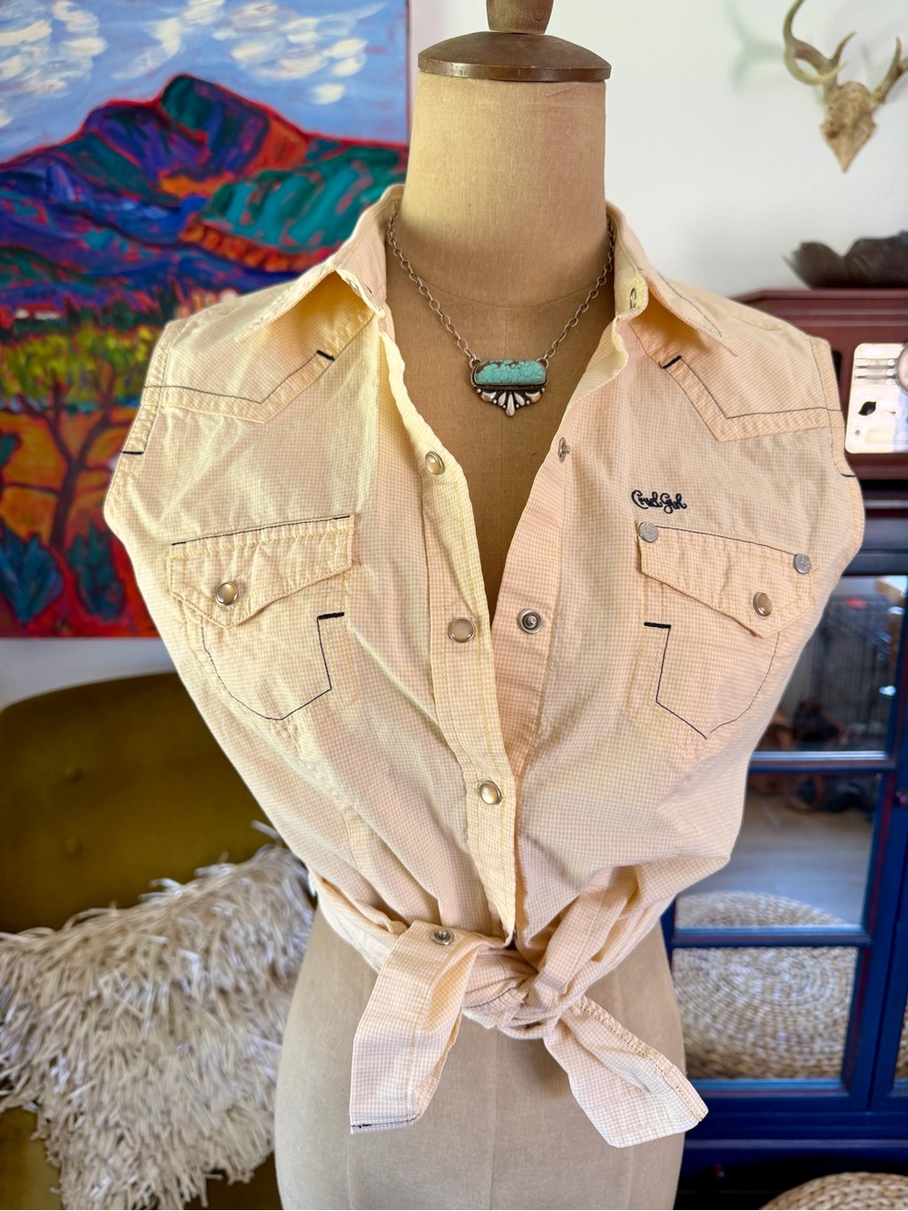 Cruel Girl Pale Peach/ Yellow Gingham Western Shirt